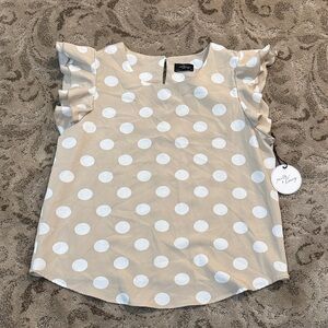 Polka Dot Flutter Sleeve Top - Beige & White